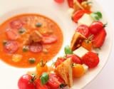 Gazpacho fraise tomate, huile de basilic, ribambelle de fraise tomates, mozzarella