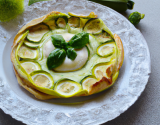 Tarte feuilletée aux courgettes, goujonnettes de sole et émulsion de basilic