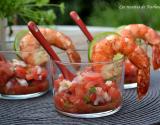 Salsa de tomates et échalotes, gambas marinés aux saveurs créoles