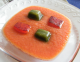 Gaspacho, glaçons au basilic et pastèque grillée