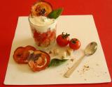 Tiramisu de tomates, crème de basilic et lard fumé