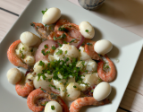 Blanc d'œuf caillé, crevettes grises petit lait et herbes