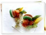 Verrine guacamole, mangue, avocat, saumon, macaron saumon, St Moret, aneth.......