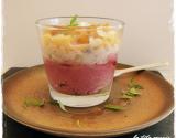 Verrine mousse de betterave, mousse d'ail au chutney de figues, melon et caramel d'ail