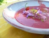 Soupe de fraises, frozen Philadelphia et framboises