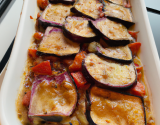 Gratin aubergine, tomates et petits lardons aux épices