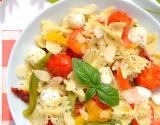 Salade de farfalles au pesto (tomates cerise et poivrons rôtis, tomates séchées et mozzarella)