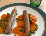 Saucisses de veau, pois et carottes