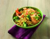 Riz complet au curry, crevettes et brocolis