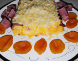 Gratin de riz et d'abricots au jambon de pays et au gouda