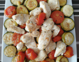 Blancs de poulet, tomates grillées et courgettes marinées