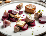 Foie gras chaud sur topinambourgs et ails confits, sorbet de betterave, kigelhof au lard et aux noix