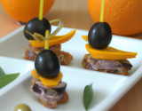 Canapé olives, canard et orange