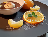 Soupe de clémentine, sa gelée d'orange mentholée et son sorbet cacao