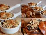 Compotée de lapin aux mousserons gratinée aux noisettes en coque de brioche perdue