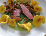 Filet de canard sauvage, moutarde verte, herbes, chanterelles