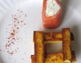 Roulé de truite fumée d'aquitaine au roquefort Papillon, frite de polenta au roquefort