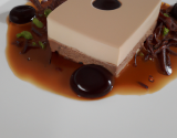 Flan de haricots blancs, crème de pruneaux et gelée chocolat