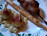 Brochette de blancs de poulet / magret de canard fumé et son gratin de pâtes