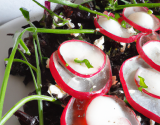 Carpaccio de radis noir, ricotta, vinaigrette à la tomate et herbes fraîches