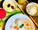 Riz au lait de Madagascar, minestrone de fruits exotiques et sorbet litchis