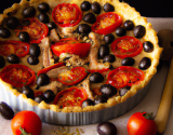 Tarte au thon, tomates et olives noires