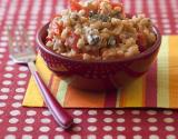 Risotto d'orge aux poivrons, tomates et roquefort