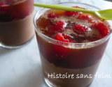 Mousse au chocolat, framboises et gelée de thé parfumée à la menthe en verrine