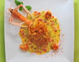 Aumônières de langoustines sur fondue de poireaux, beurre blanc au basilic et piment d'Espelette