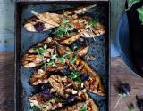 Aubergines de France grillées au miso, noix et graines germées