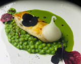 Turbot vapeur, coulis de petits pois à la verveine et au wasabi