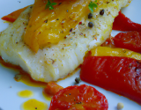 Poisson blanc aux 3 poivrons, tomates provençales et gratin dauphinois d'Elisabète