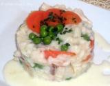 Risotto au poulet petits pois carottes et cancoillotte