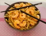 Crevettes sautées à l'ail et piment d'Espelette, pâtes au basilic