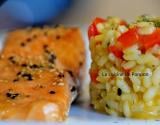 Filet de saumon mariné et son risotto au poivron rouge