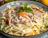 Tagliatelles, émincés de poulet grillé, sauce citron vert menthe