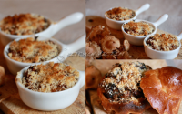 Compotée de lapin aux mousserons gratinée aux noisettes en coque de brioche perdue