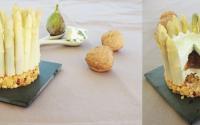 Chartreuse au roquefort & asperges, cœur de figues sur biscuit croustillant