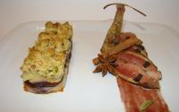 Suprême et cuisse de pigeon roti truffé sous la peau, mille-feuille de légumes oubliés en crumble de mendiants, jus réduit aux épices