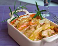 Tian de légumes et poulet sauté crème d'échalote, roquette et mâche