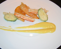 En direct de l'Afrique du Sud :Tempura de surimi, courgette et patate douce et leur sauce sabayon citron wasabi