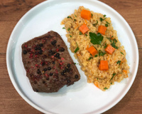 Risotto de boulgour au potiron et pavé de boeuf au poivre