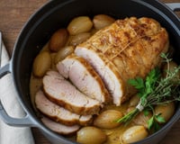 Rôti de porc en cocotte à la moutarde et petits oignons