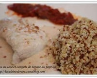 Filet de lieu jaune au coco, compote de tomate au paprika et quinoa
