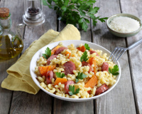 Coquillettes 3 minuti au potiron, saucisses et parmesan