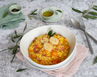 Risotto au potimarron, Saint-Jacques et bacon croustillant
