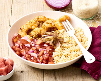Crevettes marinées, salsa, riz sauté