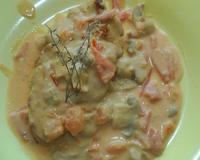 Escalope avec crème fraîche, champignon, vin blanc sec, tomate, sel et poivre..