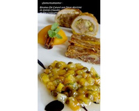 Rouleau de canard aux deux abricots en épices chaudes son croquant de fruits secs à la salsa d'abricots au poivre vert