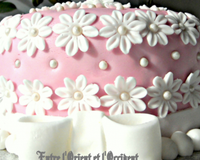 Un gâteau décoré de pâte à sucre rose, une couleur qui symbolise la douceur de ma maman.
